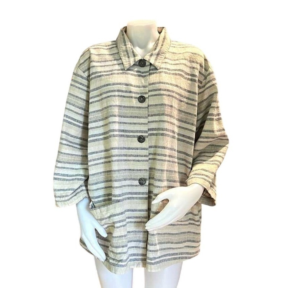 Coldwater Creek Linen Blend Chore Jacket Women 2X Striped Coastal Lagenlook FLAW